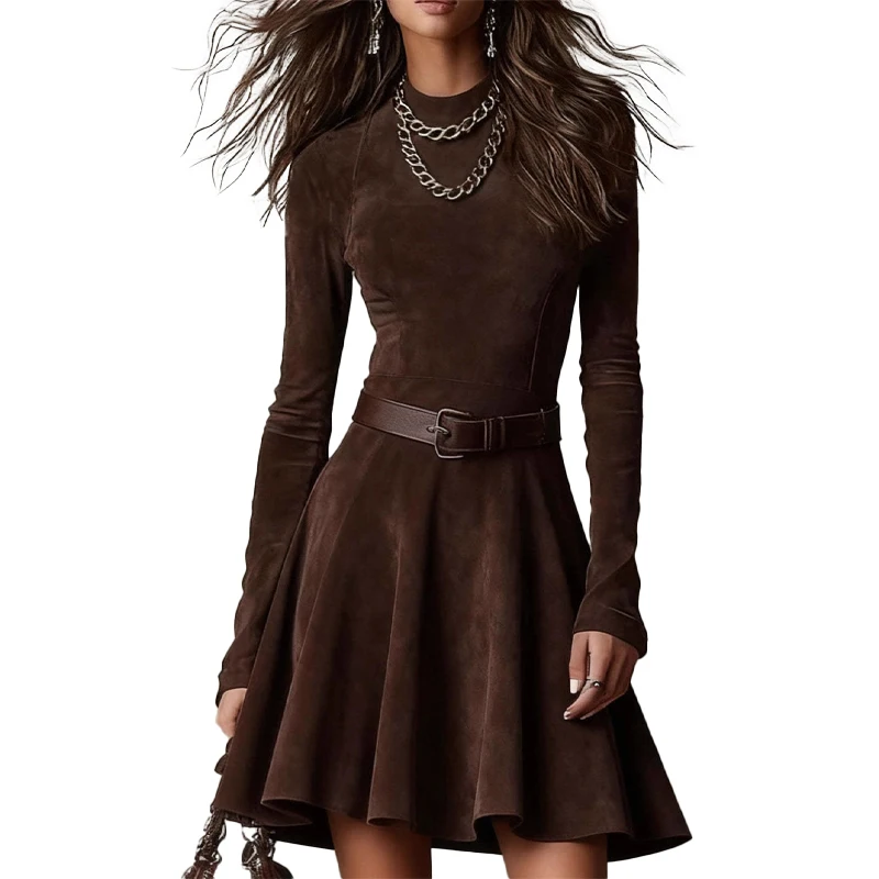 

Autumn Vintage Women's Faux Suede Dress Western Cowgirl Long-Sleeve High Waist A-Line Midi Party Dress Streetwear Casual Clothes