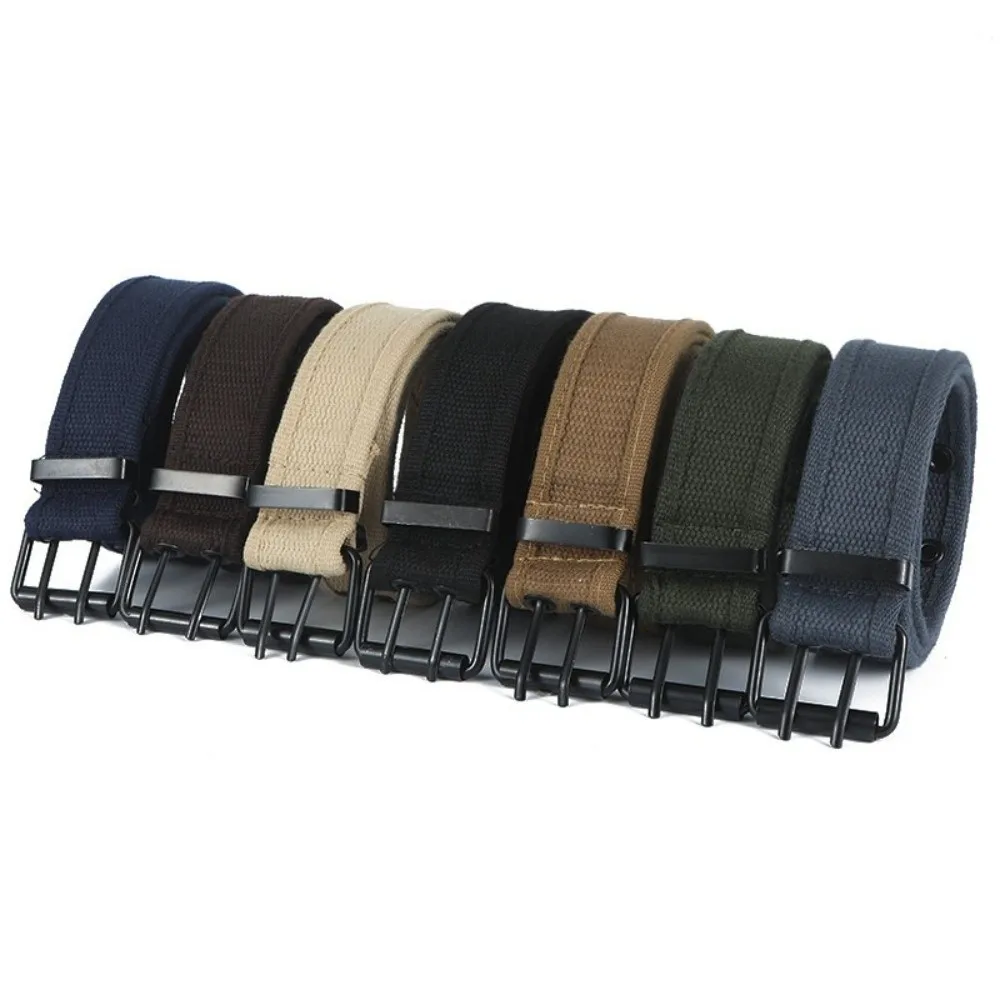 Casual versátil masculino cintos duplo fileira buraco ajustável cinto de lona durável cinta esportiva unisex