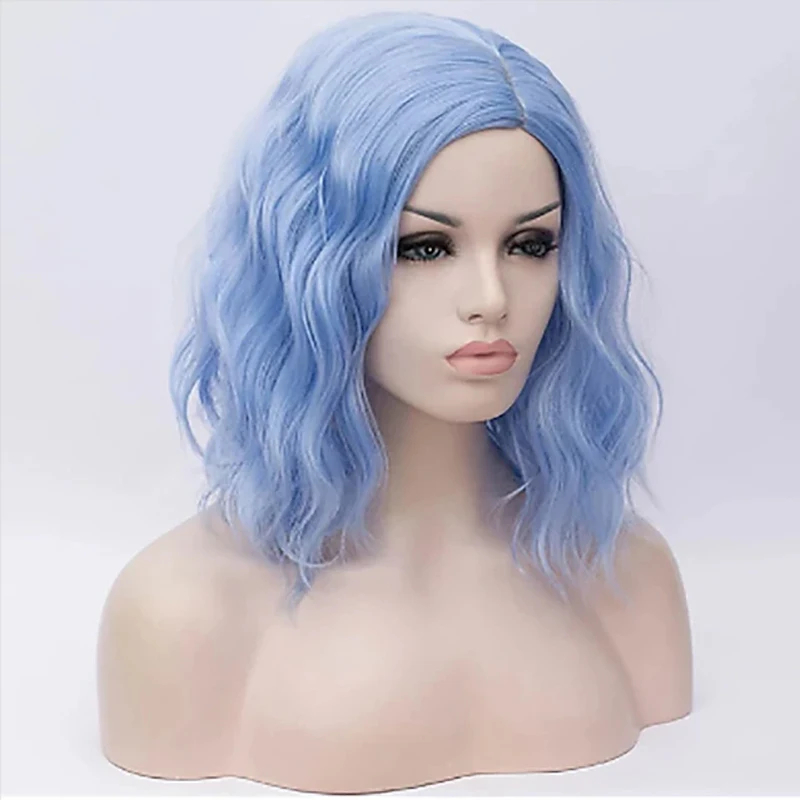 Synthetische Haare Mittelteil-Perücke Blau Rosa Kurze Lockige Cosplay-Perücken Halloween-Perücke für Frauen