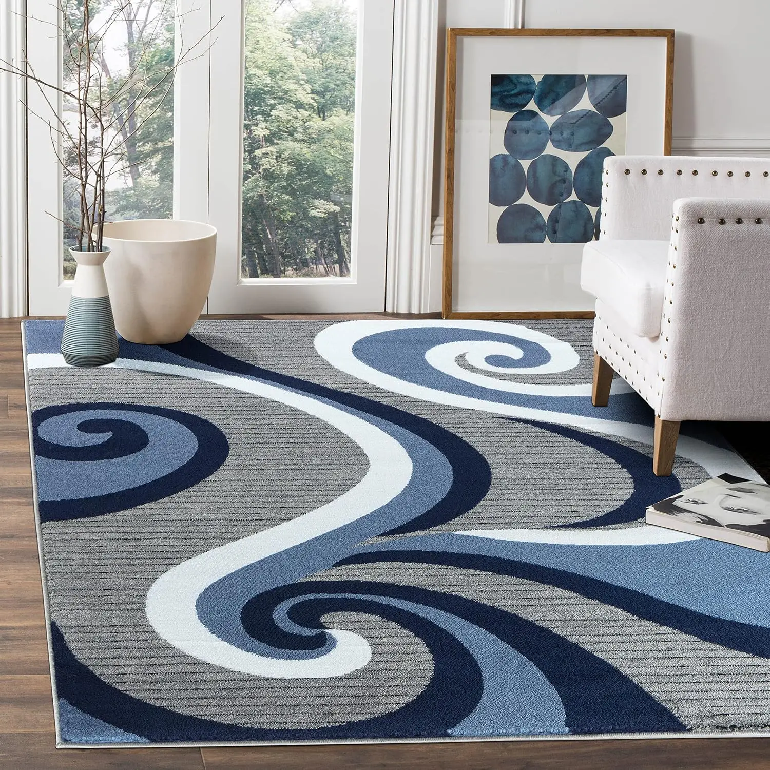 Modern Area Rug Swirls Carpet Bedroom Living Room Contemporary Dining Accent Sevilla Collection 4817A (Navy, 8x10)