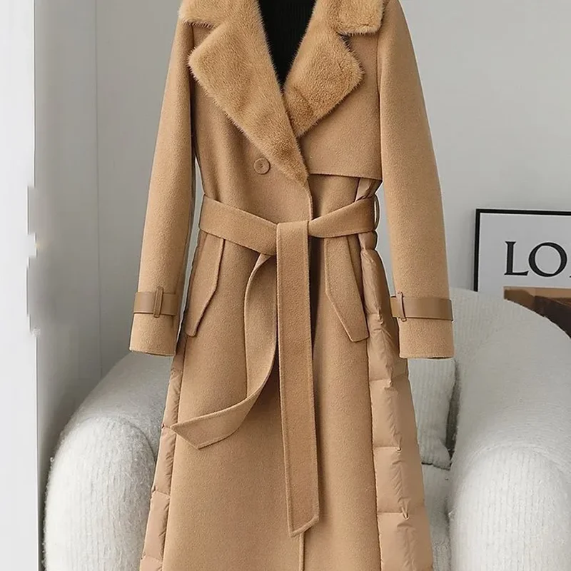 Fall Winter New Mink Collar Double-Sided Tweed Cashmere Jacket Women Overcoat Stitching Cotton Coat Long Woolen Trenchcoat Coat