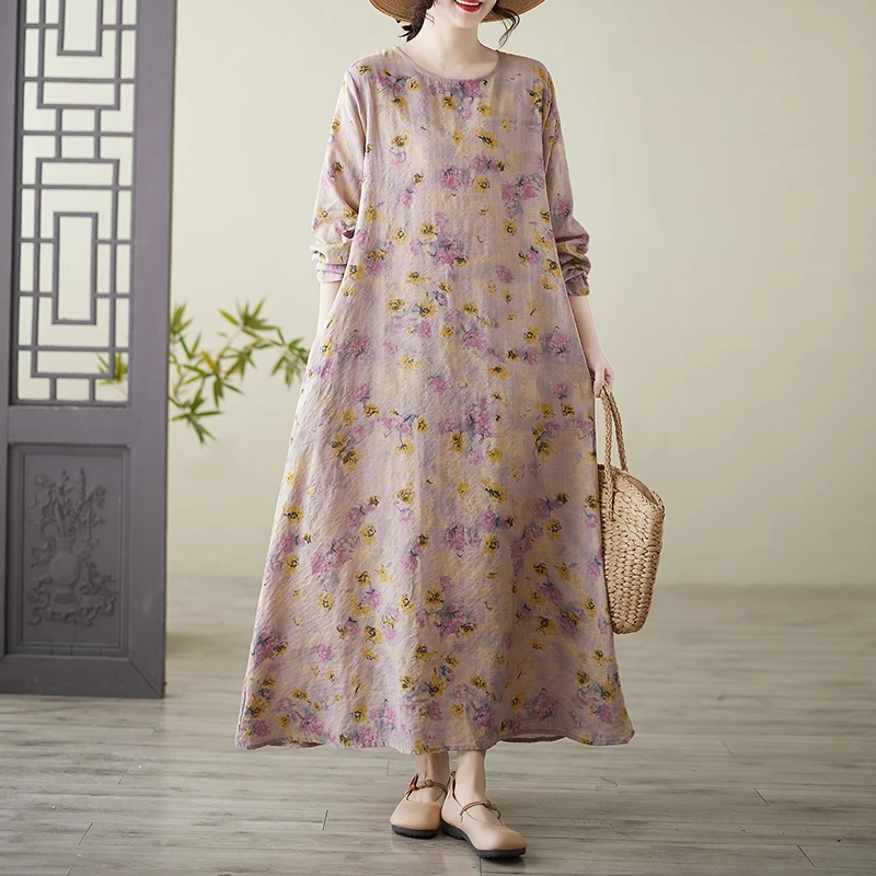

Artistic Cotton Linen Print round Neck Loose plus Size Long Sleeve plus MM Extra Large Holiday Dress A-Line Skirt Long Dress