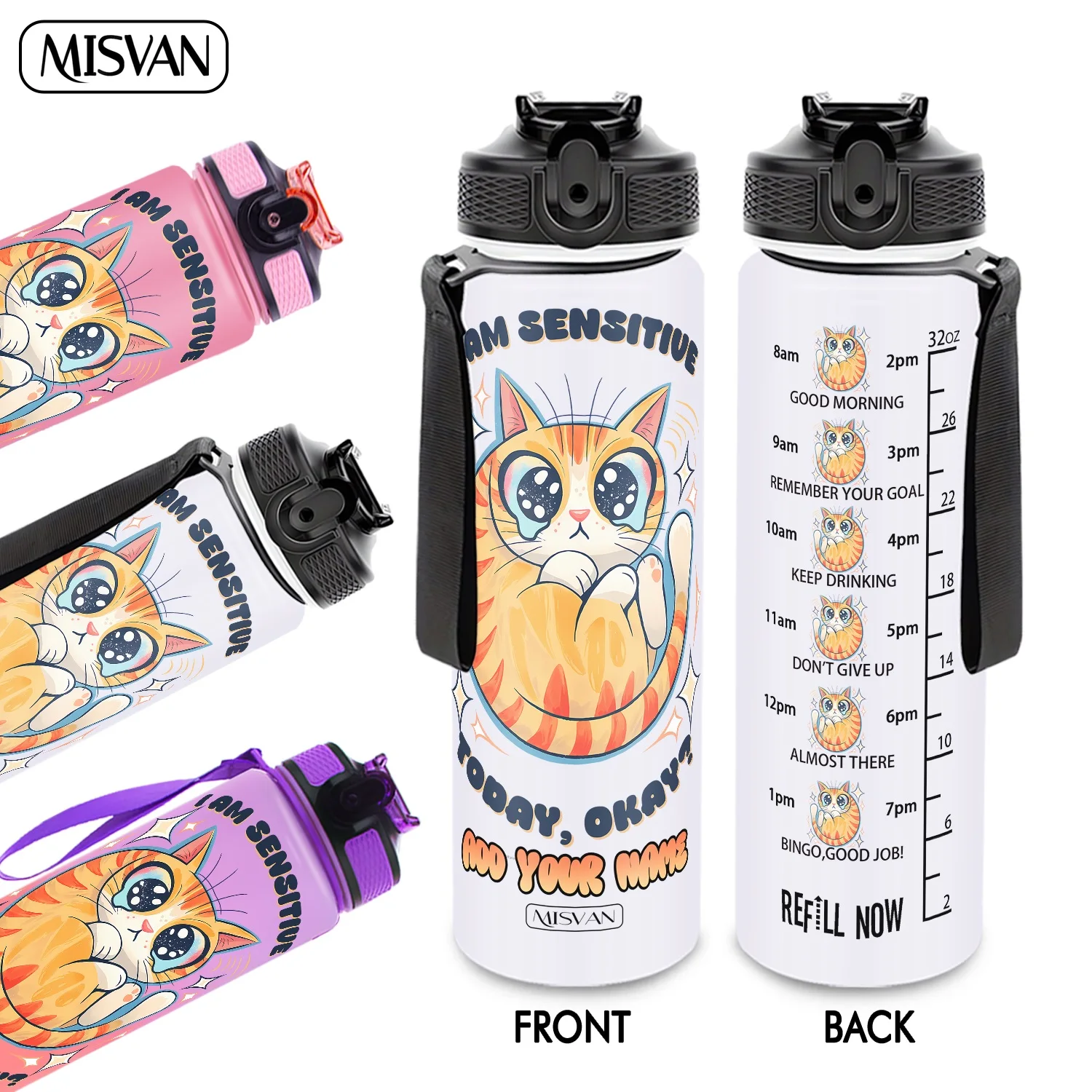 

Бутылка для воды 32 унции с индивидуальной гравировкой, принт «Я чувствительная кошка», для ежедневного увлажнения организма, для спортзала, активного отдыха и велоспорта.