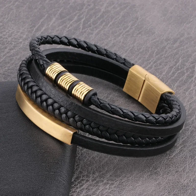 

Free shipping gift wholesale stainless steel leather rope bracelet men's multi-layer simple braided leather ring charm bracelet