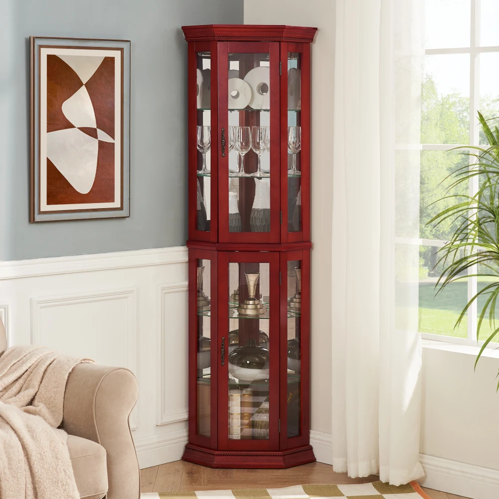 Curio Cabinet Lighted Glass Display Curio Cabinet W/Tempered Shelves, Crown Corner Cabinet with Bulb, Corner Storage Decoration