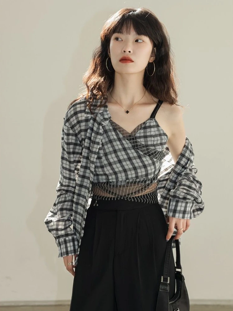 2 Pcs Sets Women Plaid Chic Spring Vintage Ladies Long Sleeve Outwear Y2k Camisole Outfits Sun-proof Streetwear Ulzzang Crop Top