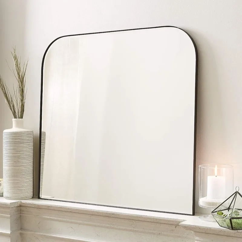 34x40'' Large Matte Black Arched Mantel Mirror Rounded Corner Wall Mirror for Bathroom, Living Room or Powder Room