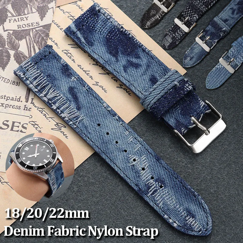 Distressed Washed Denim Watch Band 18mm 20mm 22mm Fabric Nylon Strap for Huawei Watch GT6/5/4 for Seiko Quick Release Bracelet
