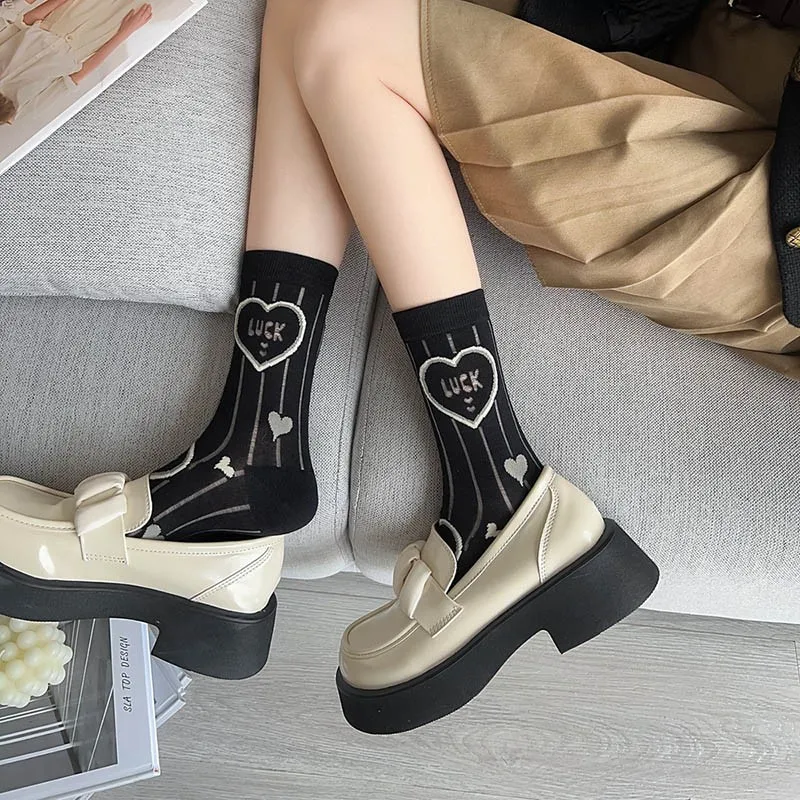 Women Cotton Socks New Spring Summer Mesh Breathable Love Flower Print Versatile Series College Style Ladies Crew Socks I229