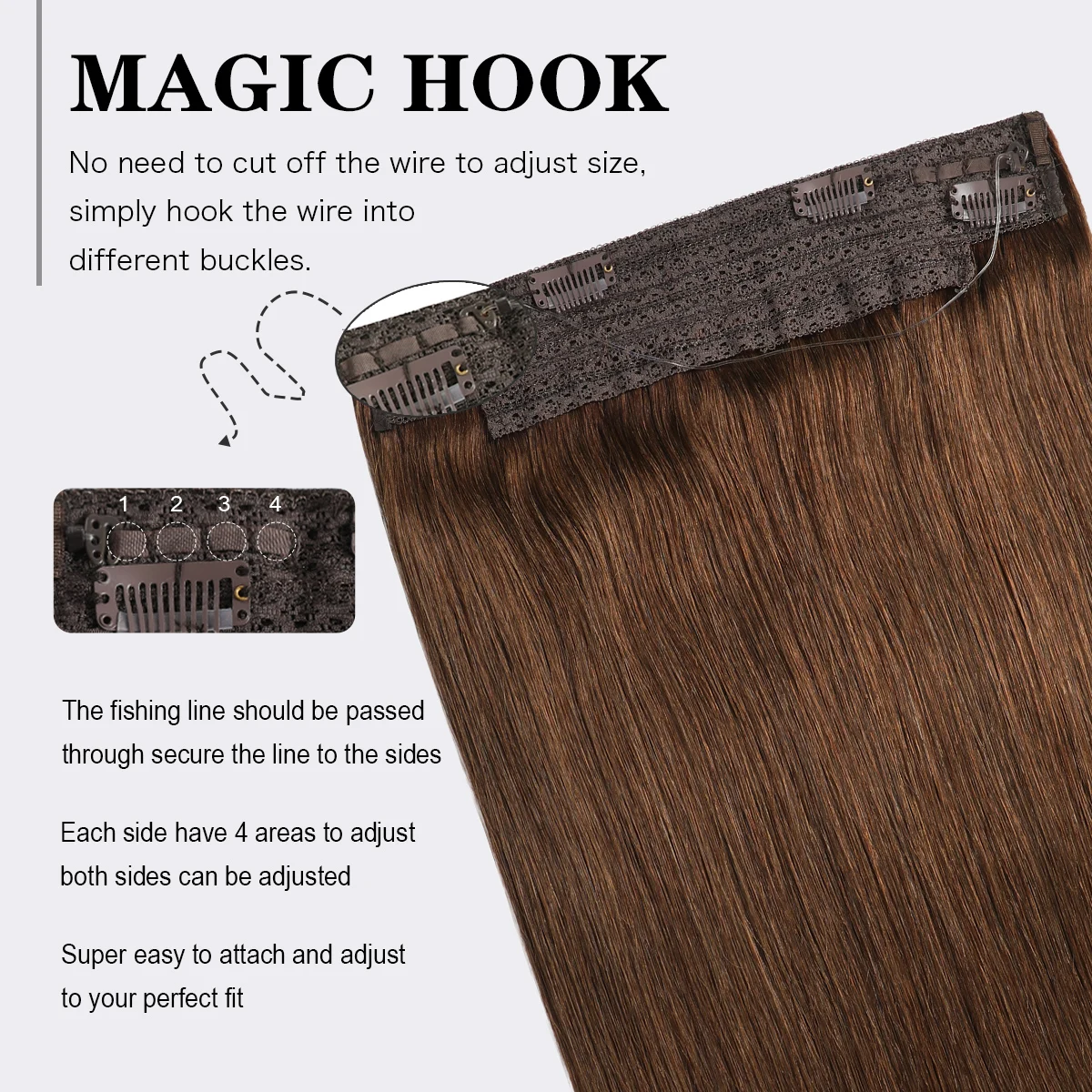 Invisible Wire Hair Extensions Real Human Hair 12-24Inch Brown Color Transparent Fish Line Clip-Ins Hair Piece 100% Remy Huma - view 4