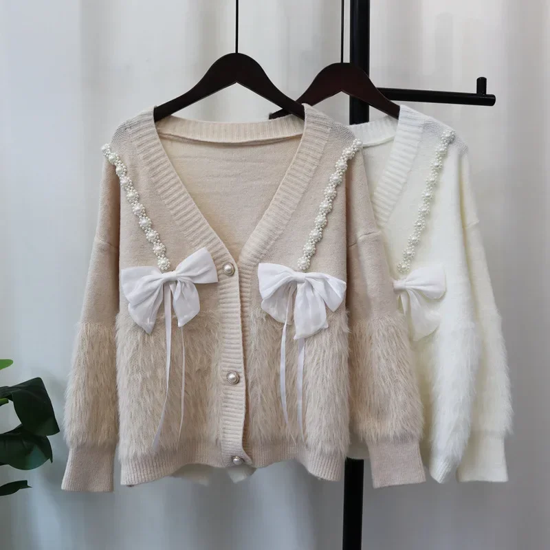 Patchwork contas arco 2025 mulher cardigan com decote em v único breasted ropa mujer manga longa outerwears doce camisola cardigans