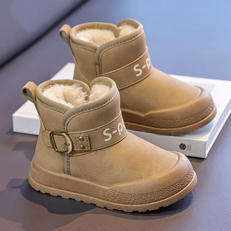 

Зимние ботинки из искусственной кожи для детей, толстые теплые детские плюшевые ботинки для подростков, непромокаемая уличная хлопковая обувь для мальчиков и девочек, теплая