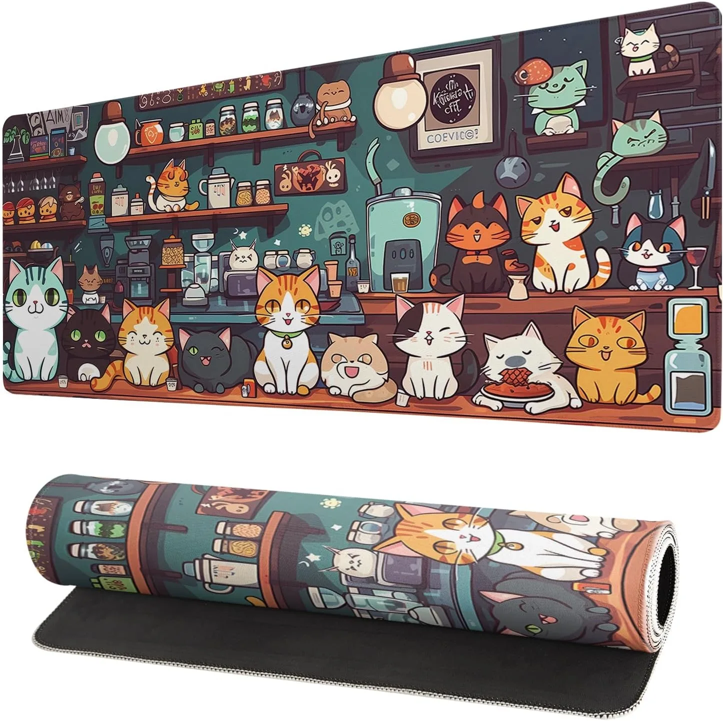 Large Gaming Mouse Pad Coffee Shop Pattern Mousepad Anti-Slip Rubber XXL Deskmat Office Desk Accessories Stitched Edges Game Mat