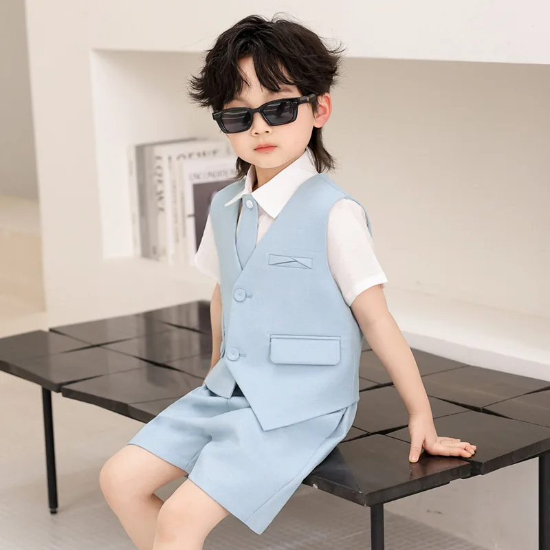Children's Summer New Casual Suit Vest Set Piano Hosting Speech Outfit Flower Boy Stage Show Photography Costume