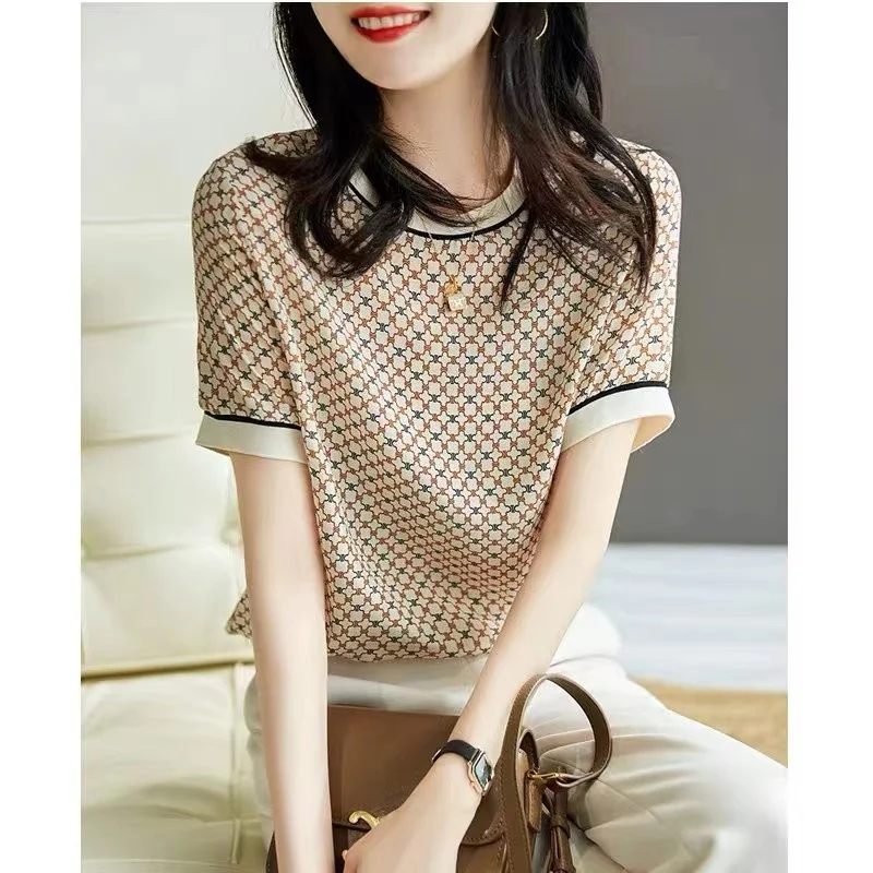 

style Western short sleeve women's summer new printed round collar mulberry silk T shirt satin small thin versatile top