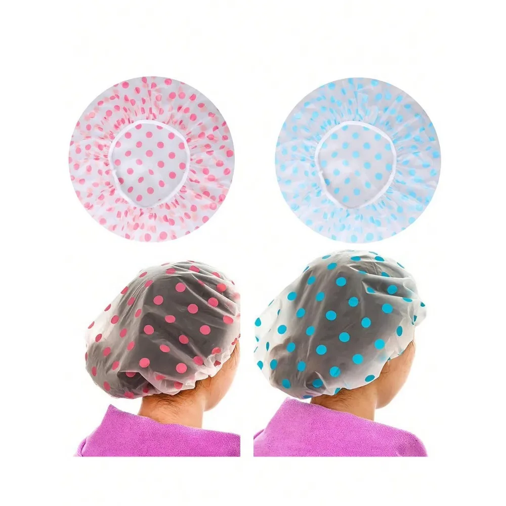 4PCS Wave Point Shower Cap Waterproof Thicken High Quality Hair Salon Elastic for Women Bath Hat Bathroom Products Random