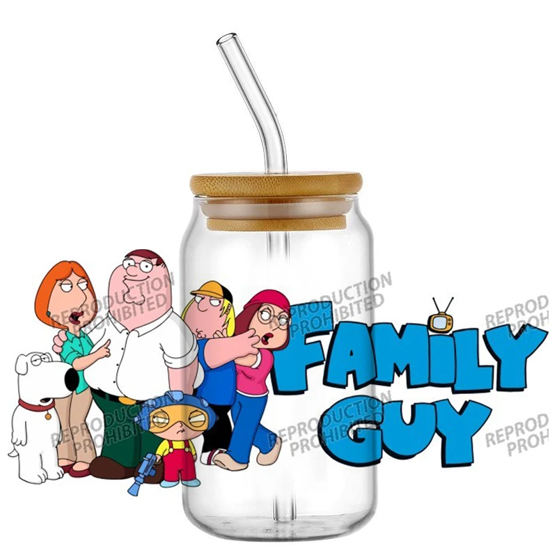Popular Cartoon Cartoon Family Guy 16oz UV DTF 3D Transfer Sticker Decals For Glass Can Cup Fashion Craft DIY Creative