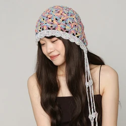 Korean Fresh and Cute Hand-woven Fringed Women's Caps Summer Hollow Breathable Travel Versatile Color Knitted Beanies Hat