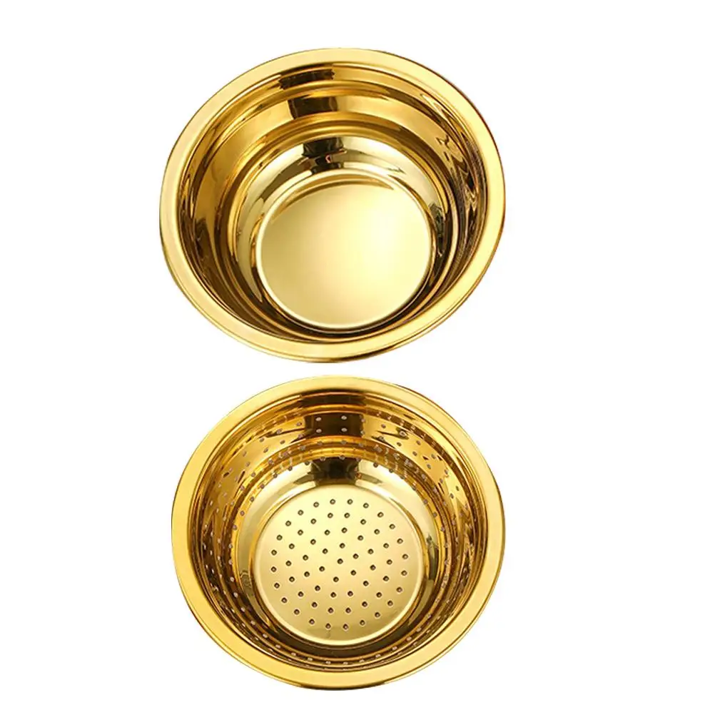 

1 set Stainless Steel Colander 18cm Golden Round Drain Basket Fine Mesh Strainer Kitchen Fruit Vegetable Washer Rice Sieve Food