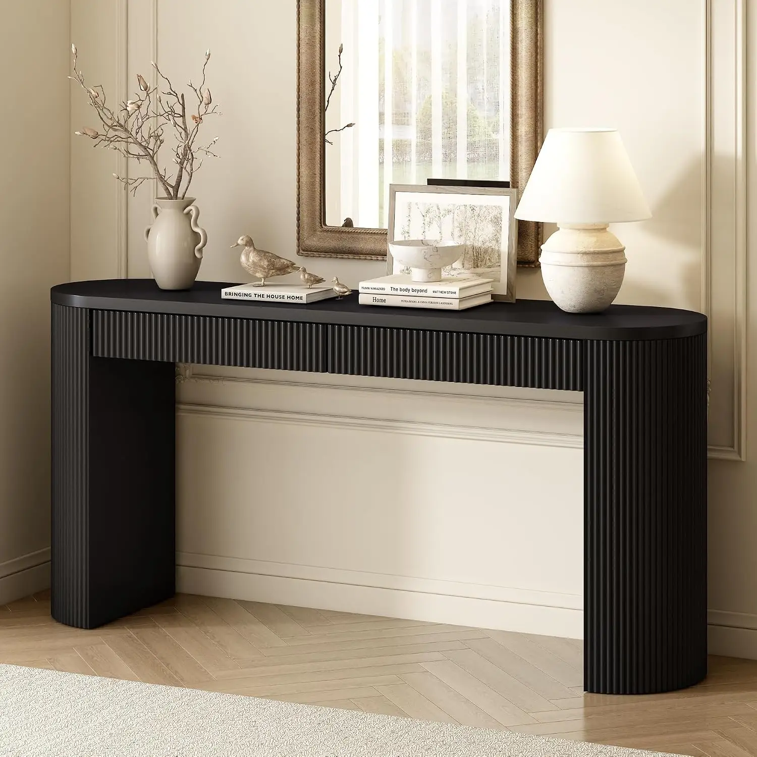 Pine Veneer Console Table Vertical Striped Entryway Hallway Living Room Bedroom Dining Room Black, Customized