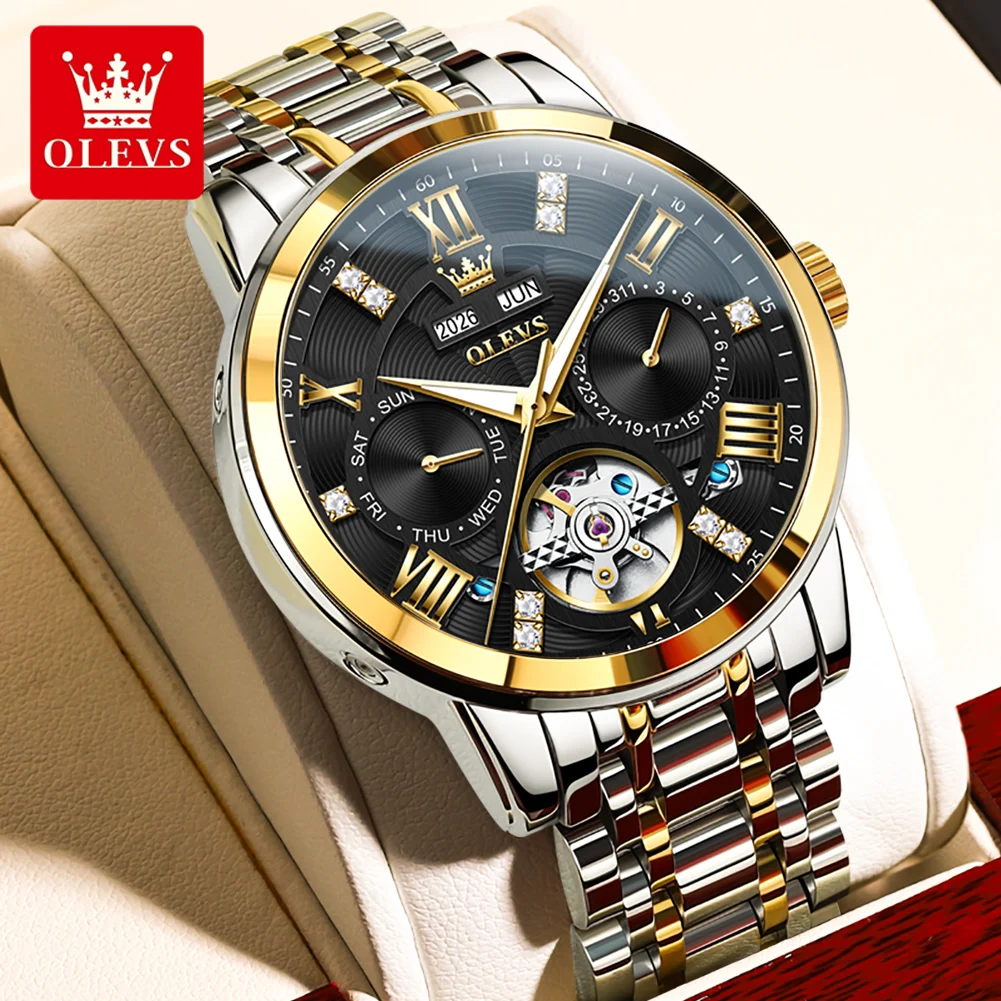 OLEVS 6701 Original Mechanical Watch for Men Skeleton Flywheel Dual Calendar Multifunctional Dial Luxury Automatic Men's Watch