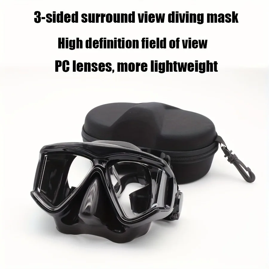 หน้ากากดําน้ําแบบพาโนรามาเลนส์พีซีสามหน้าต่างหน้ากากดําน้ําดูปะการังที่คาดผมซิลิโคนยืดหยุ่นสูงสายรัดน้ําหนักเบาปรับได้