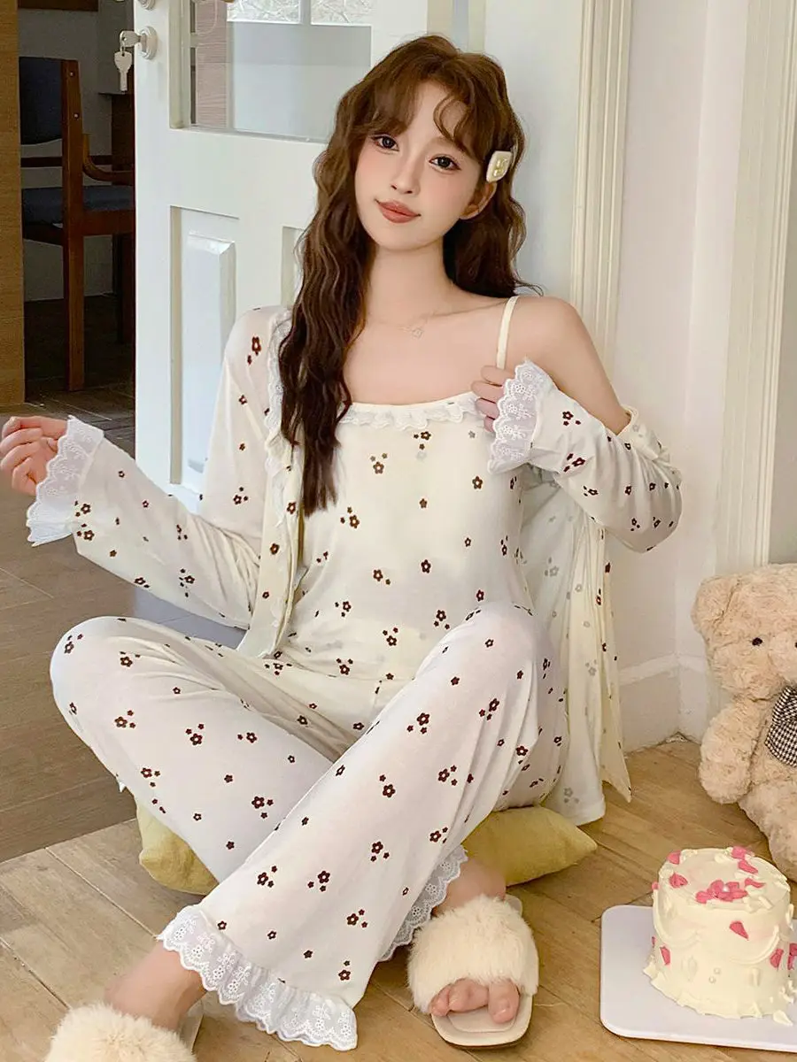 和風シンプルベージュ花柄綿寝間着女性の新モデル胸パッド付き3点セットホーム服 1