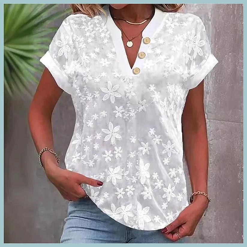 

2025 Trendy V-Neck White Blouse for Women, Casual Light Color Fitted Short Sleeve Top(72 characters)