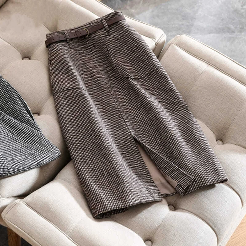Autumn and Winter Women's Style Elastic Bag Hip A-Line Houndstooth Appear Thin Split Fashion Casual All-match Commuter Skirt