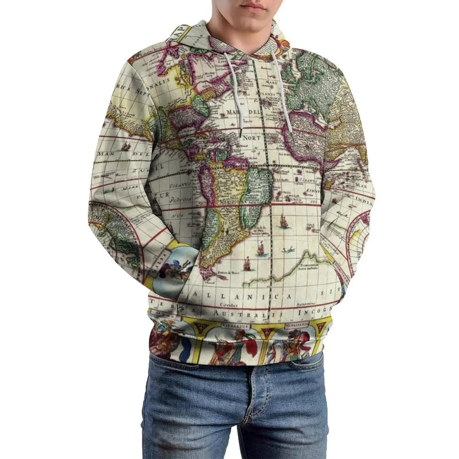 

Earth Map Casual Hoodies Men Vintage 1652 World Map Y2k Graphic Hooded Sweatshirts Autumn Long-Sleeve Fashion Oversized Hoodie