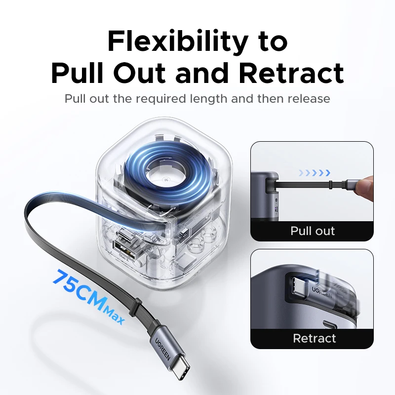 45W GaN Retractable Cable Charger with PD 3.0 Fast Charging