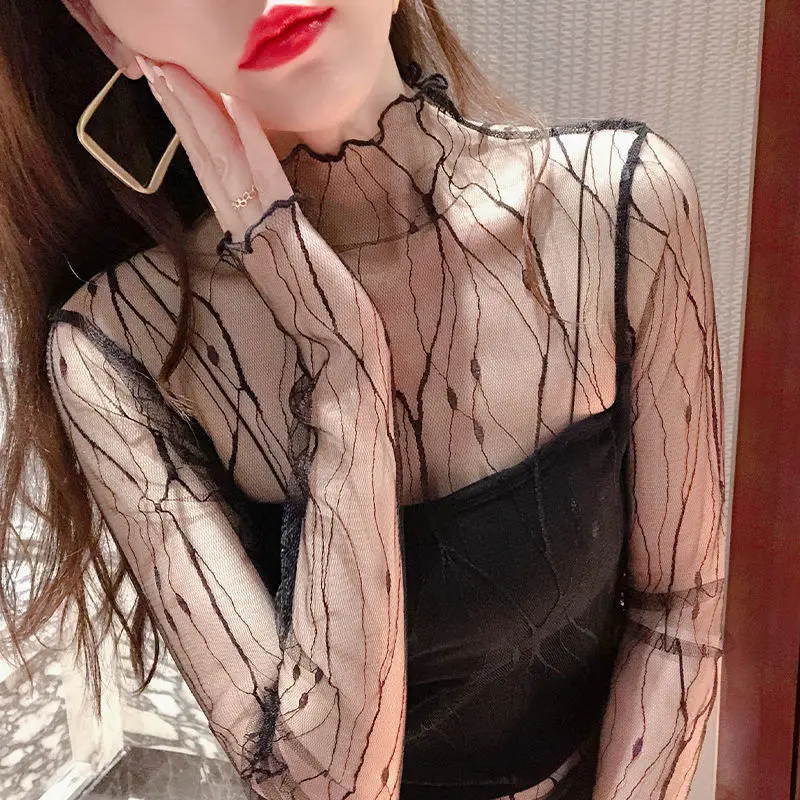 Elegant Lace T-shirt For Women Mesh Long Sleeve Tops Hot Sexy Transparent High Neck Black Lace Bottoming Shirts Punk Tee Tops