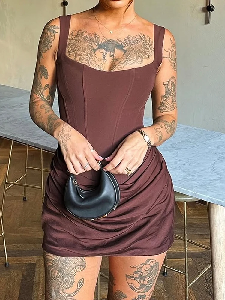 시스터린다 발렌타인 드레스 여성 섹시한 로우 체스트 슬리브리스 러치드 패치워크 피치 힙 생일 파티 데이트 슬림 클럽웨어