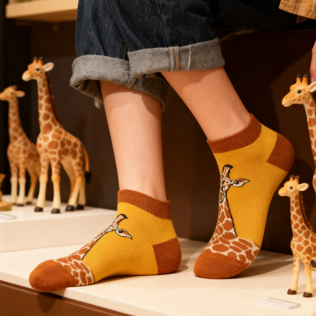 

1 /3 Pairs Of Cartoon Giraffe-patterned Ankle Socks, Trendy And Unique,Perfect For Casual Outfits
