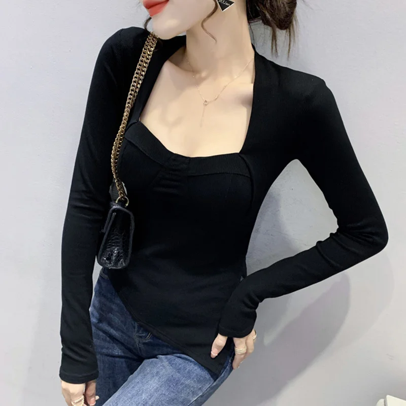 #7450 Black Gray Long Sleeve T Shirt Women Square Collar Split Joint Skinny T-shirt Female Sexy Irregular Short Tshirt Ladies