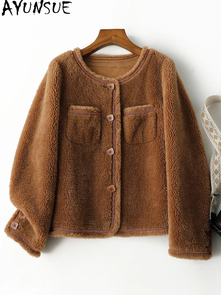 AYUNSUE 100% Naturalna Wełna Damska Kurtka 2025 Jesień Zima Elegancka Kurtka z Jagnięcym Futrem Odzież Damska Wysokiej Jakości Abrigo Mujer