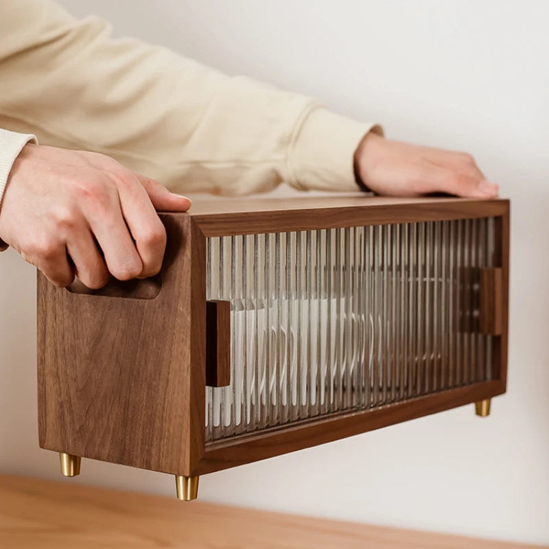 

Black Walnut Storage Rack, Double Layer Dustproof Box, Coffee Cup Organizer, Tea Set Storage Solution, Elegant Display