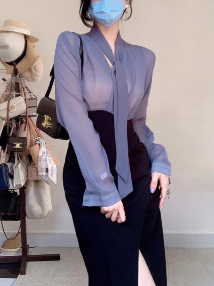 

Elegant Purple Shirt Black Skirt Two-Piece Set for Young Women Autumn Fashion Casual Wear Professional Ladylike Style