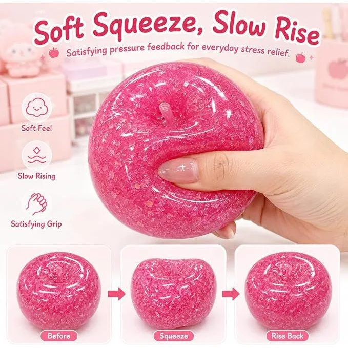 Pink Glitter Apple Ice Sand Squeeze Toy Slow Rebound Crystal Apple Fidget Toy Stress Relief Desktop Decor Gift