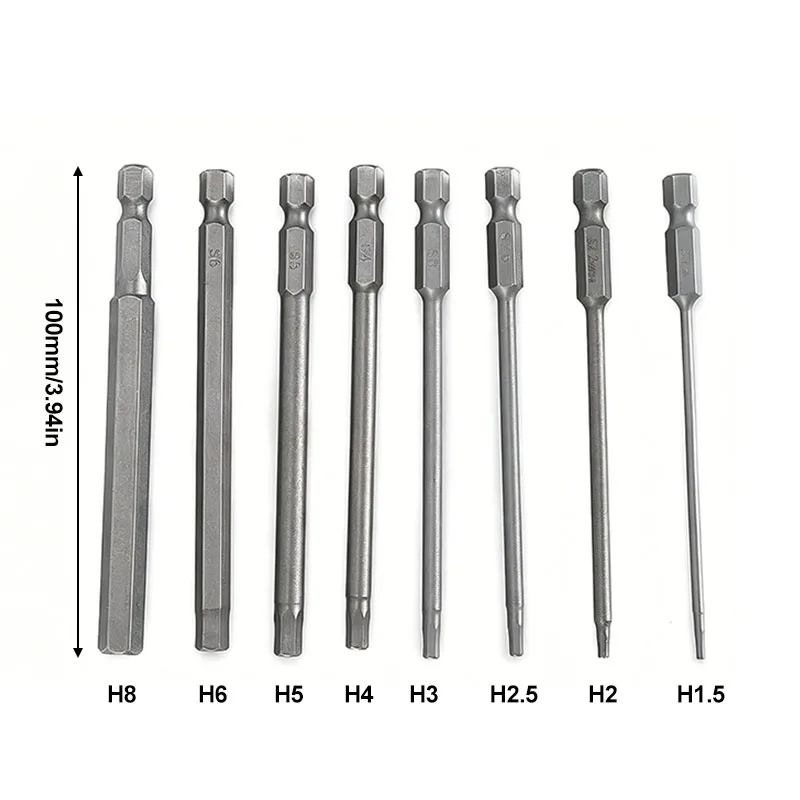 8PC Hexagonal Screwdriver Head Set 100mm Long S2 Alloy Steel Magnetic Bit Power Tool Accessory H1.5-H8