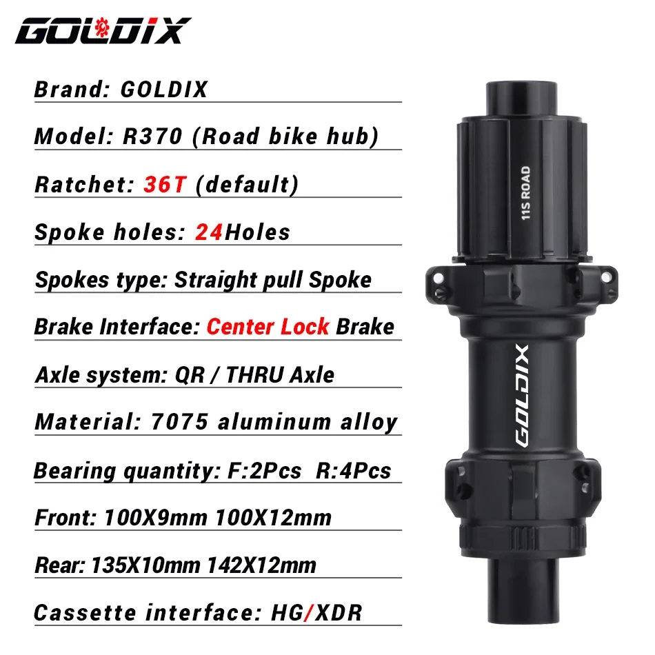 GOLDIX R370 Road Bike Hub 24Hole Straight Pull Spoke Center Lock Brake HG/XDR Hub Body TPI Bearing 36T Ratchet For Gravel Bike