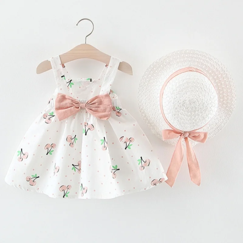 Baby-Mädchen-Kleid Sommer Baumwolle Schleife Kirschen Polka Dots Trägerkleid Niedliche Lässige Strandkleidung für Babymädchen