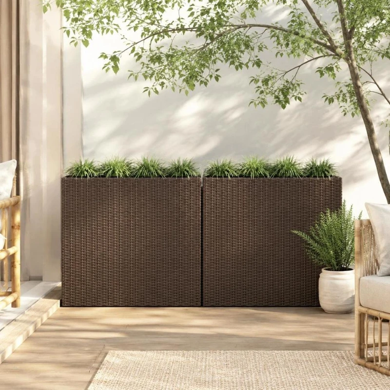 Jardinière surélevée carrée 2 pièces en polyrotin marron avec 4 pots, jardinière surélevée pour jardin et terrasse, bac à plantes sur pied au design moderne, jardinière extérieure pratique pour fleurs, légumes et herbes, décoration de jardin élégante pour balcon