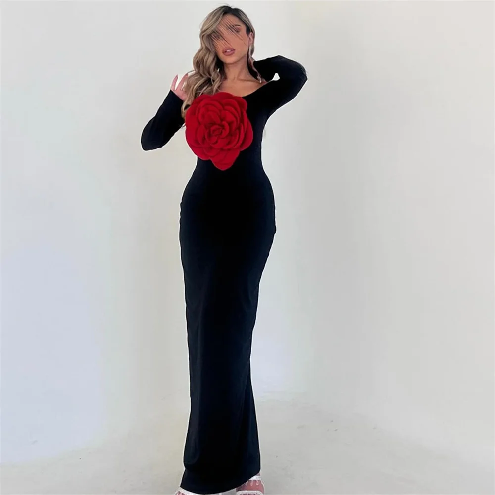 ROYET Black Square Neck Flower Luxury Evening Dress Ankle Length Mermaid Classic Simple Style Long Formal Prom Woman Gown