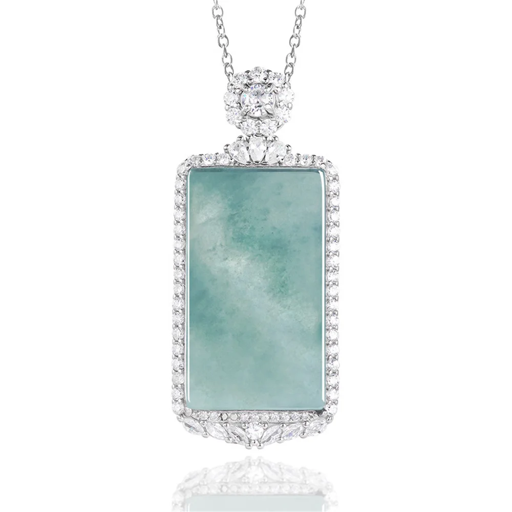 

925 Silver Natural Green Jadeite Carved Safety Buckle Square Lucky Pendant Amulet S925 Necklace Certificate Luxury Jade Jewelry