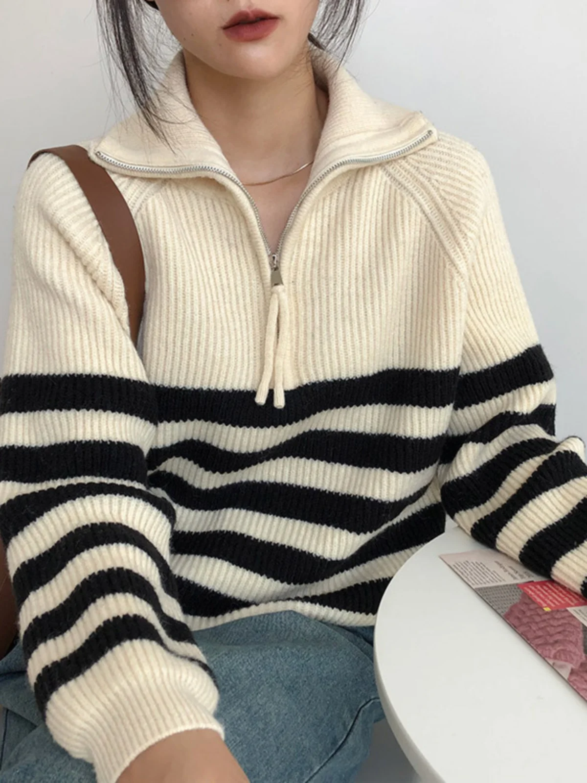 Half High Collar Zipper Striped Sweater For Women Autumn Winter New Long Style Design Loose Turn-down Collar Knitted Bottom Top