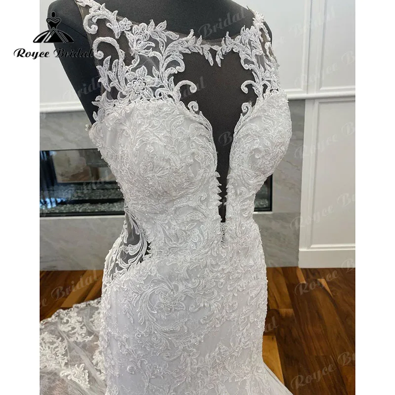 Elegancka koronka aplikacje syrenka/trąbka tiul O-Neck suknia ślubna bez pleców suknie ślubne dla panny młodej vestido de casamento princesa