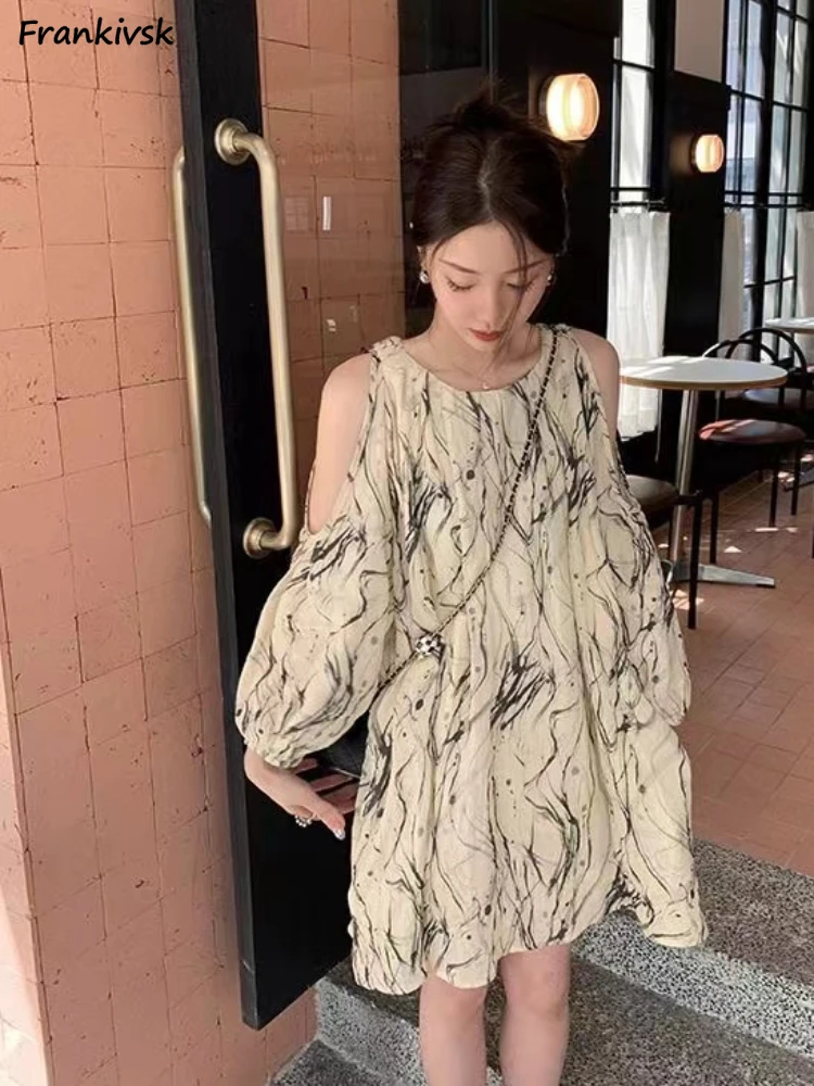 

Summer Dresses Women Loose Cozy Mini French Style Printing Off Shoulder Advanced Elegant Daily Tender Languid Stylish Chic Ins