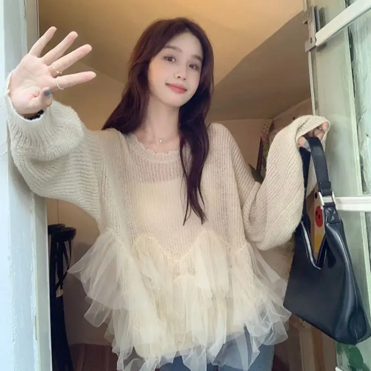 

Mesh Splice Long Sleeves Loose Knitted Sweater Women's Casual Chic Trendy Pullover Top Korean Elasticity Plus Size Sweater 2026