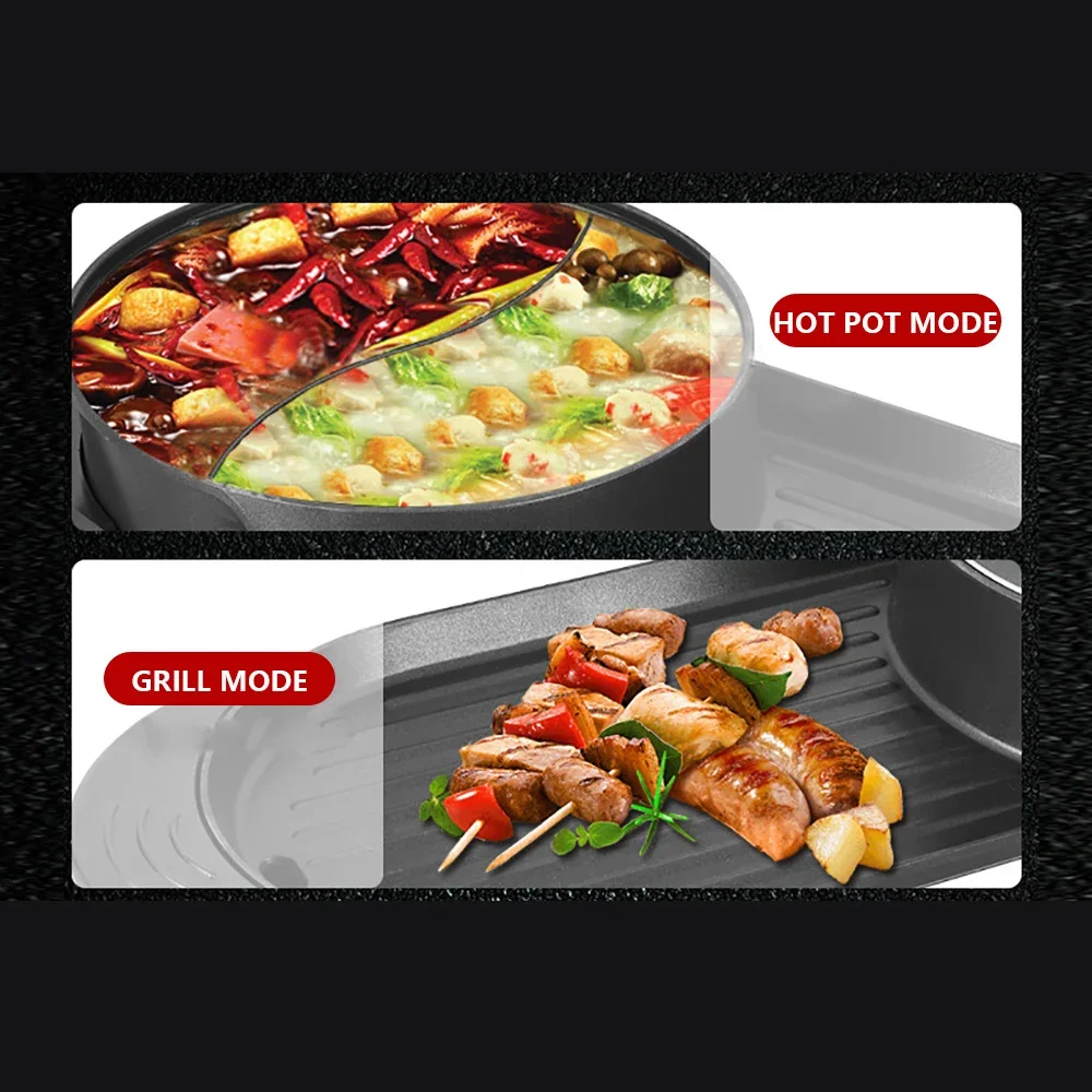 

3in1 Electric Hot Pot w/ Grill,Multifunction Smokeless Non-Stick Grill 110V w/Separate Dual Temperature Contral,for 3-10 People